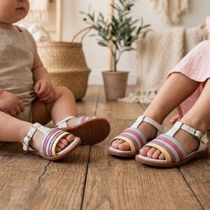 Two Pretty Handcrafted Leather Rainbow Sandals Girls - Pastel Multi-Color